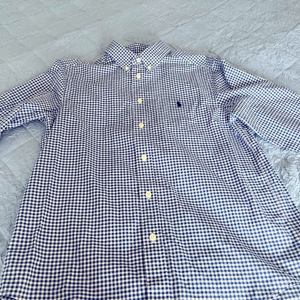 Ralph Lauren Boys Royal Blue Gingham button down long sleeve boys large 14-16